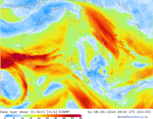 Deep layer shear (0-6km) ECMWF sam 08.06.2024 06 UTC