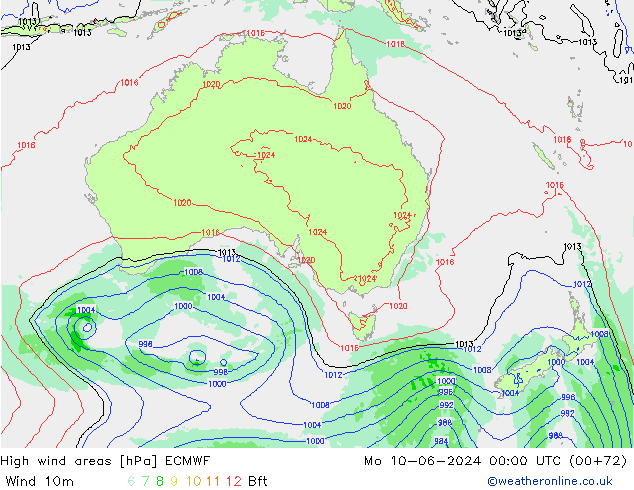 High wind areas ECMWF пн 10.06.2024 00 UTC