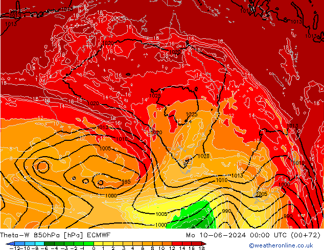 Theta-W 850гПа ECMWF пн 10.06.2024 00 UTC