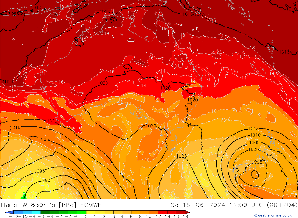 Theta-W 850hPa ECMWF Sa 15.06.2024 12 UTC