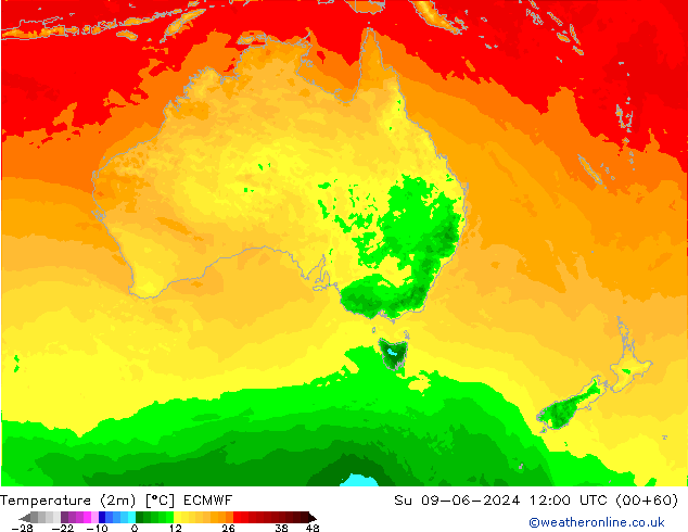 Temperature (2m) ECMWF Su 09.06.2024 12 UTC