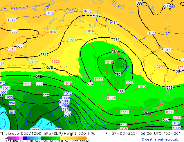 Espesor 500-1000 hPa ECMWF vie 07.06.2024 06 UTC