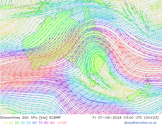 Streamlines 200 hPa ECMWF Fr 07.06.2024 03 UTC