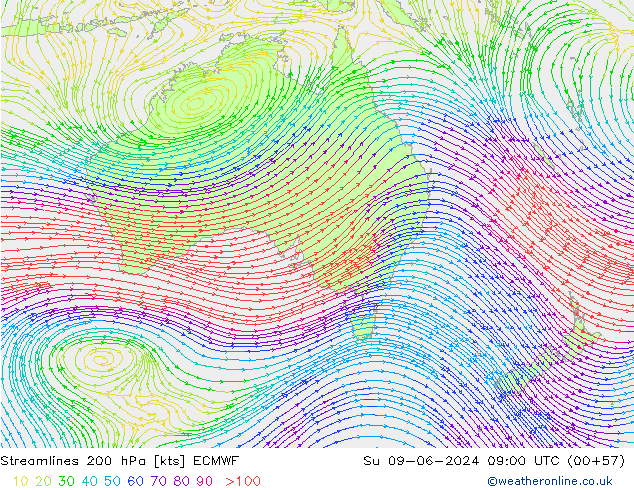 Streamlines 200 hPa ECMWF Su 09.06.2024 09 UTC