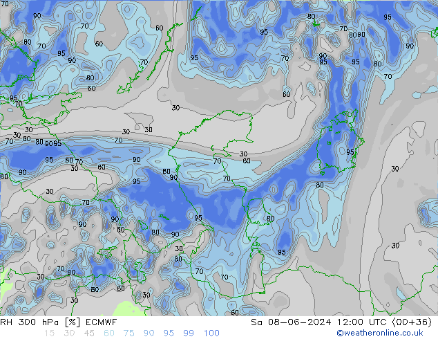 Humedad rel. 300hPa ECMWF sáb 08.06.2024 12 UTC