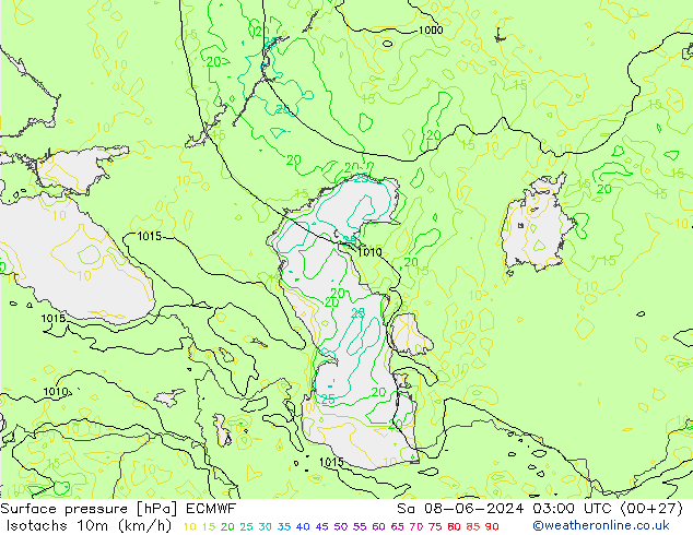 Isotachs (kph) ECMWF Sa 08.06.2024 03 UTC