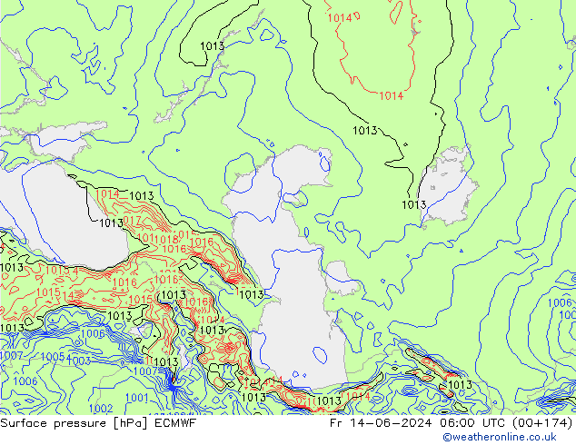 Presión superficial ECMWF vie 14.06.2024 06 UTC