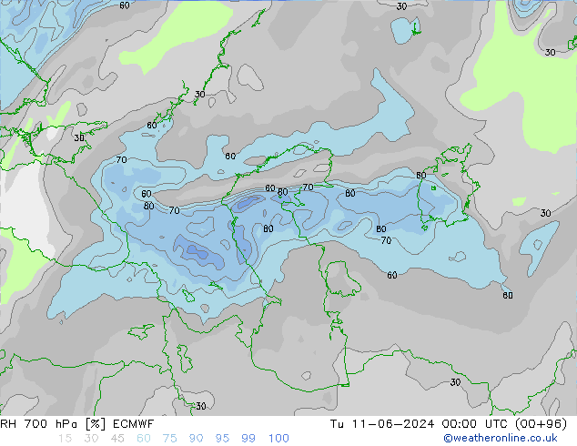 Humidité rel. 700 hPa ECMWF mar 11.06.2024 00 UTC