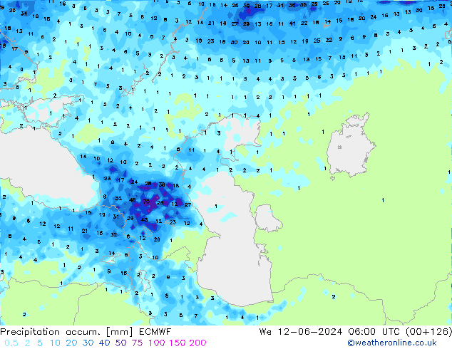 Precipitation accum. ECMWF mer 12.06.2024 06 UTC