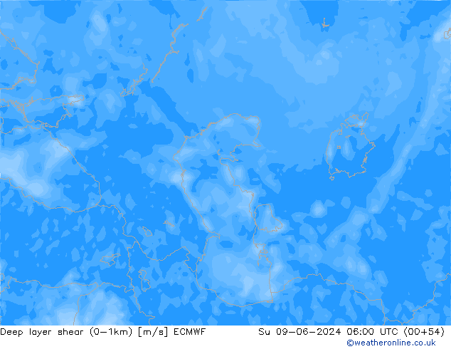 Deep layer shear (0-1km) ECMWF nie. 09.06.2024 06 UTC