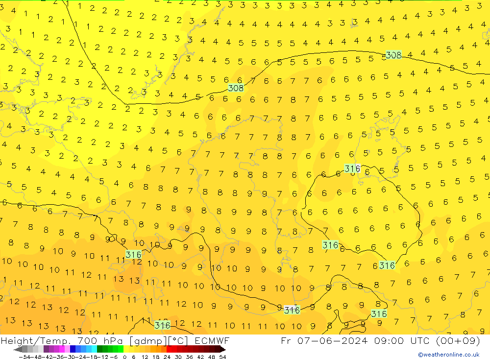 Géop./Temp. 700 hPa ECMWF ven 07.06.2024 09 UTC