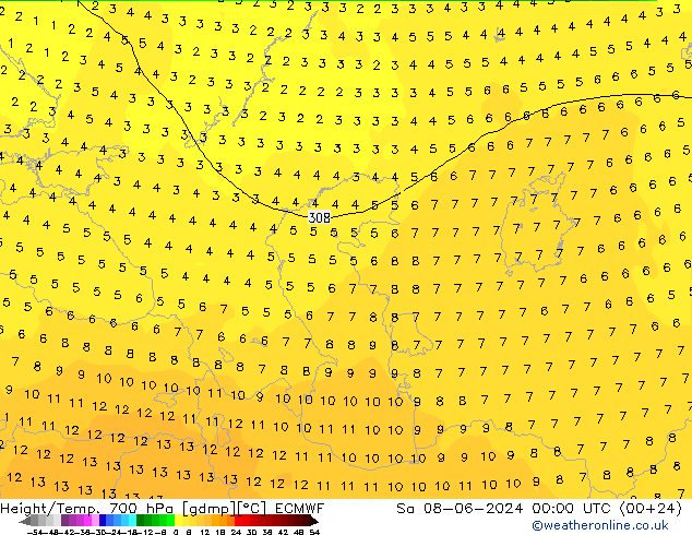 Height/Temp. 700 гПа ECMWF сб 08.06.2024 00 UTC