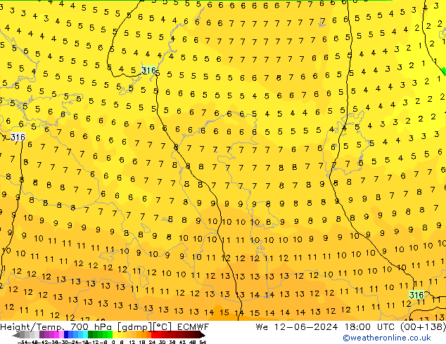 Height/Temp. 700 hPa ECMWF We 12.06.2024 18 UTC