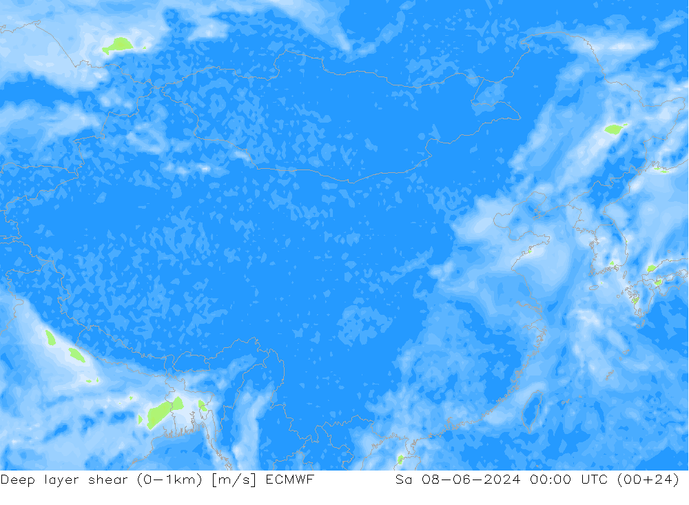 Deep layer shear (0-1km) ECMWF Cts 08.06.2024 00 UTC