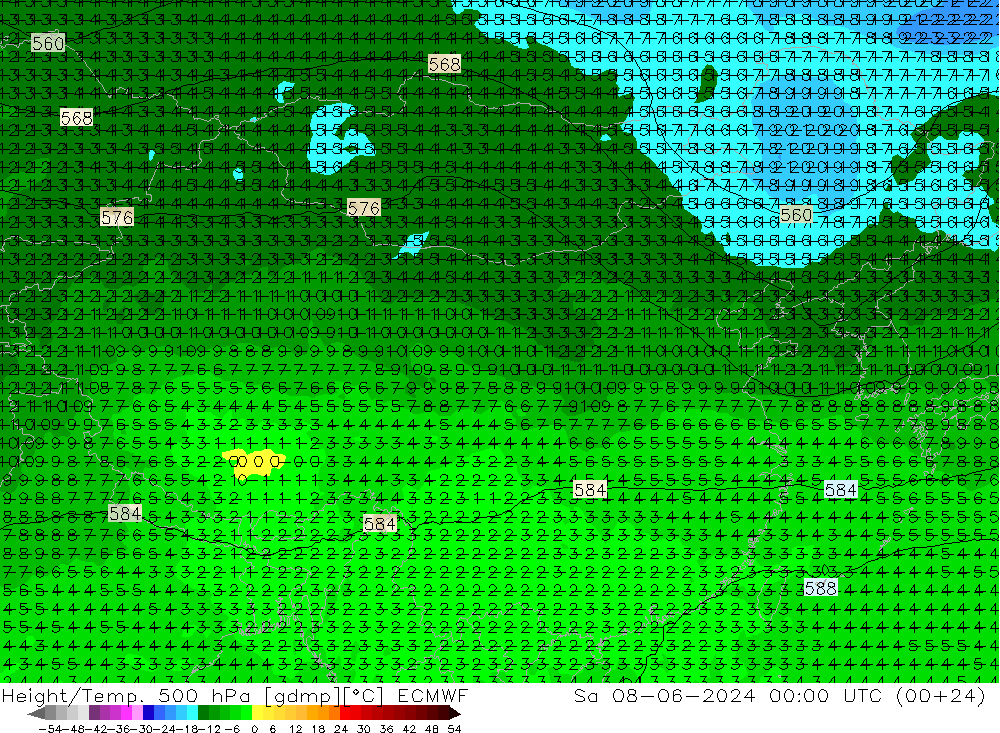 Height/Temp. 500 гПа ECMWF сб 08.06.2024 00 UTC