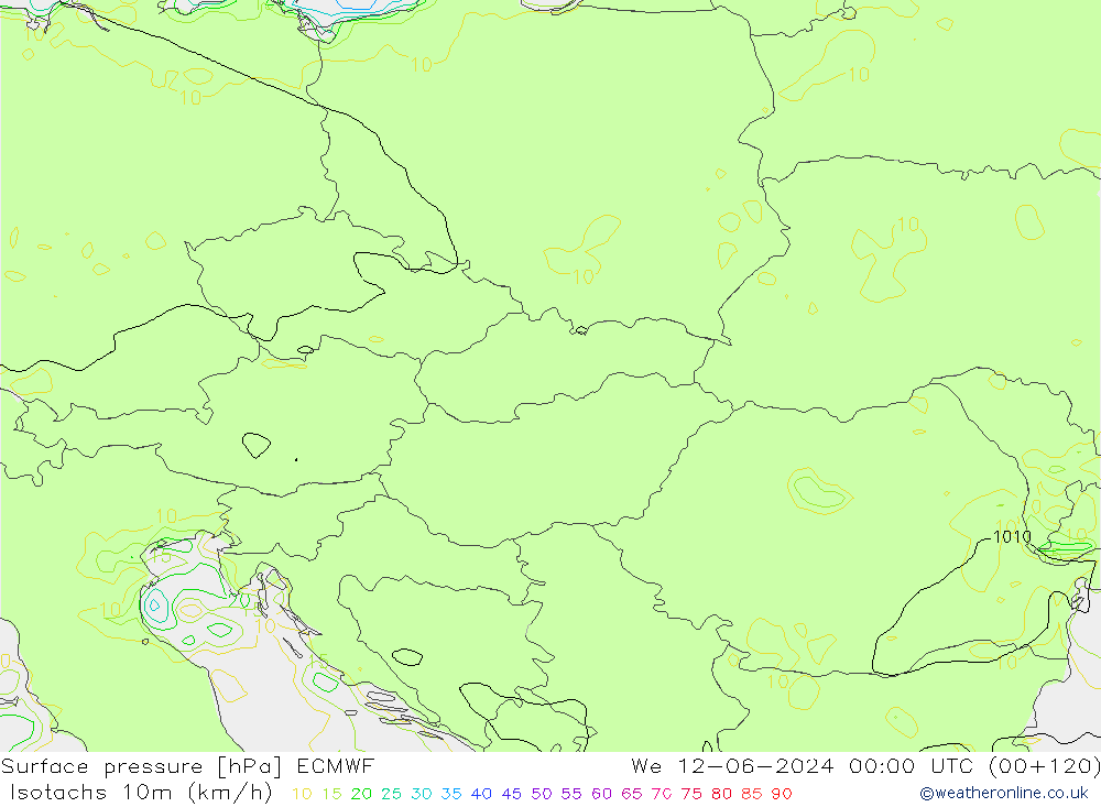 Isotachs (kph) ECMWF ср 12.06.2024 00 UTC