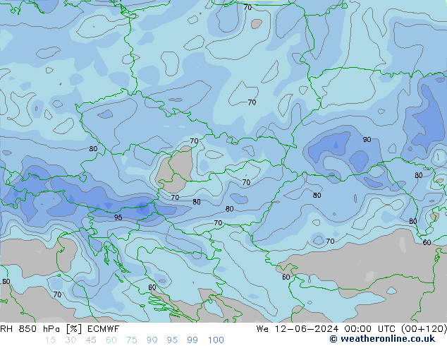 Humidité rel. 850 hPa ECMWF mer 12.06.2024 00 UTC