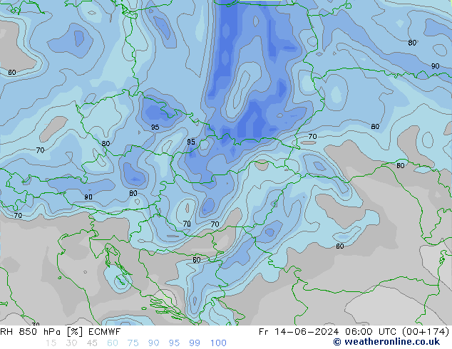 RH 850 hPa ECMWF ven 14.06.2024 06 UTC