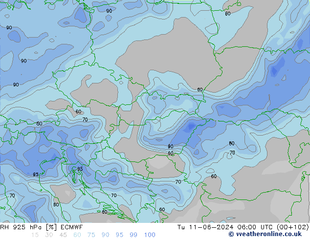 RH 925 hPa ECMWF Tu 11.06.2024 06 UTC