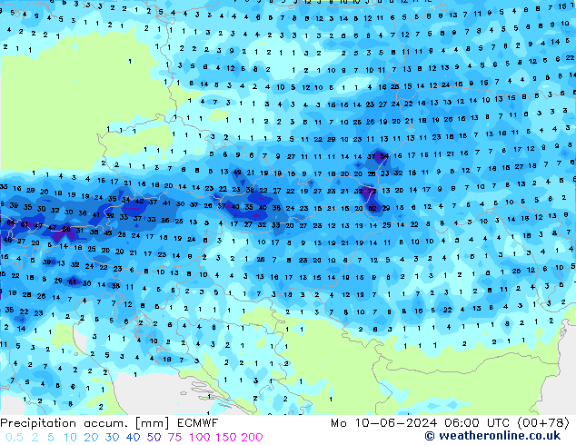 Precipitation accum. ECMWF Mo 10.06.2024 06 UTC