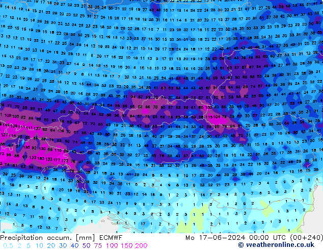 Precipitation accum. ECMWF pon. 17.06.2024 00 UTC