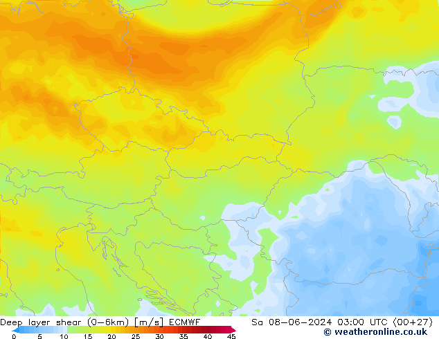 Deep layer shear (0-6km) ECMWF sáb 08.06.2024 03 UTC