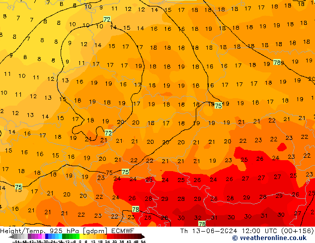 Yükseklik/Sıc. 925 hPa ECMWF Per 13.06.2024 12 UTC