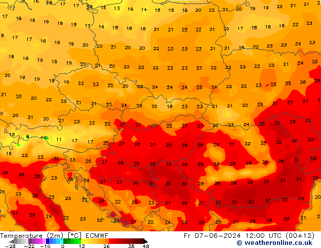 Temperatuurkaart (2m) ECMWF vr 07.06.2024 12 UTC