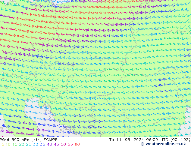 Wind 500 hPa ECMWF Tu 11.06.2024 06 UTC