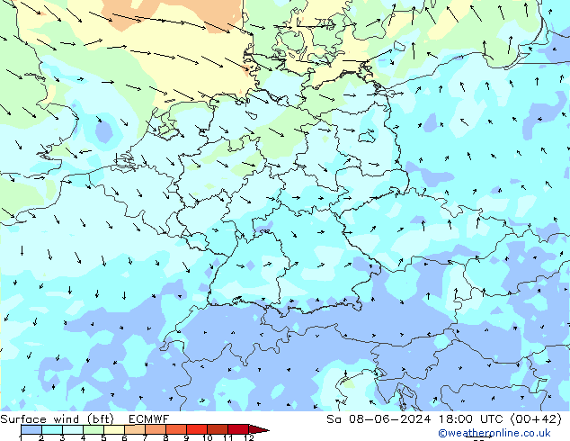 Rüzgar 10 m (bft) ECMWF Cts 08.06.2024 18 UTC