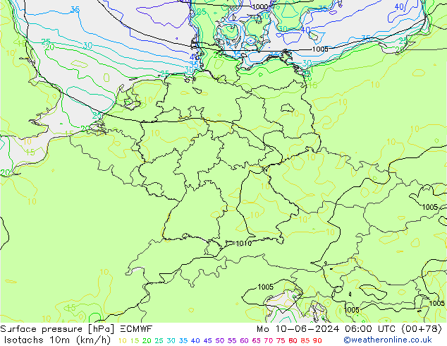 Isotachs (kph) ECMWF Mo 10.06.2024 06 UTC