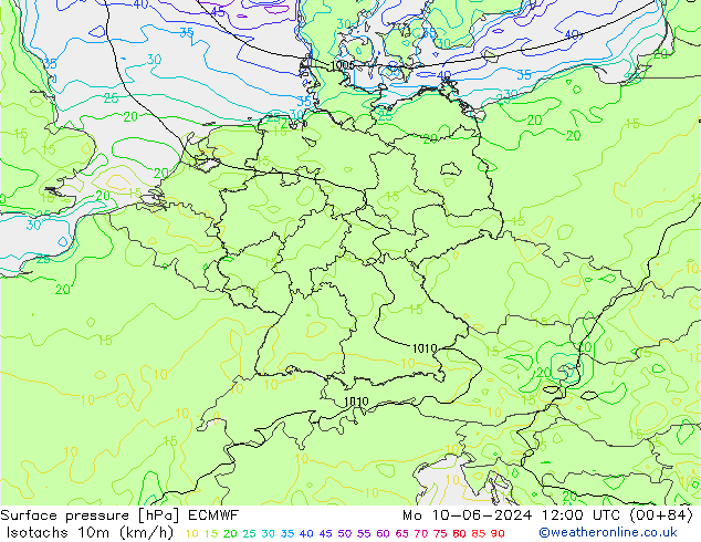 Isotachen (km/h) ECMWF ma 10.06.2024 12 UTC