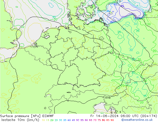 Isotachs (kph) ECMWF Fr 14.06.2024 06 UTC