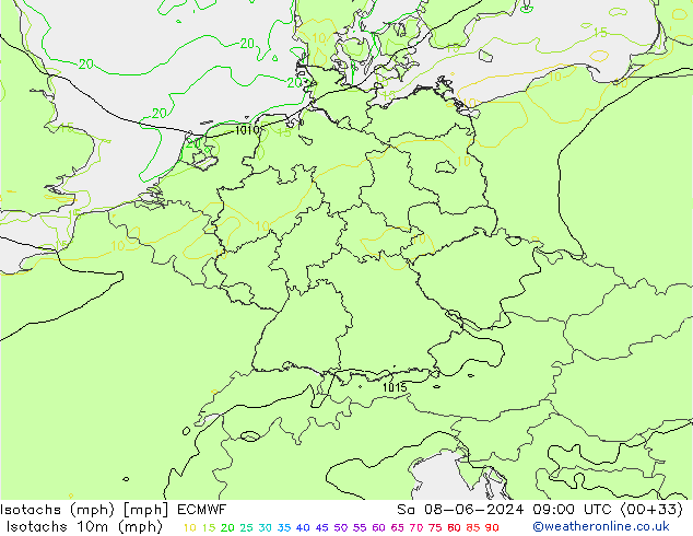 Isotachs (mph) ECMWF Sa 08.06.2024 09 UTC