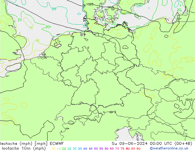 Isotachen (mph) ECMWF So 09.06.2024 00 UTC