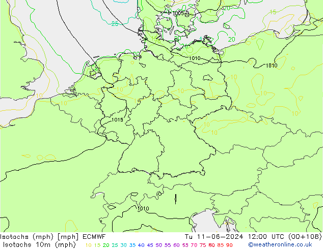 Isotachs (mph) ECMWF Tu 11.06.2024 12 UTC