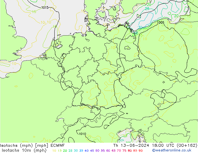 Isotachs (mph) ECMWF Čt 13.06.2024 18 UTC