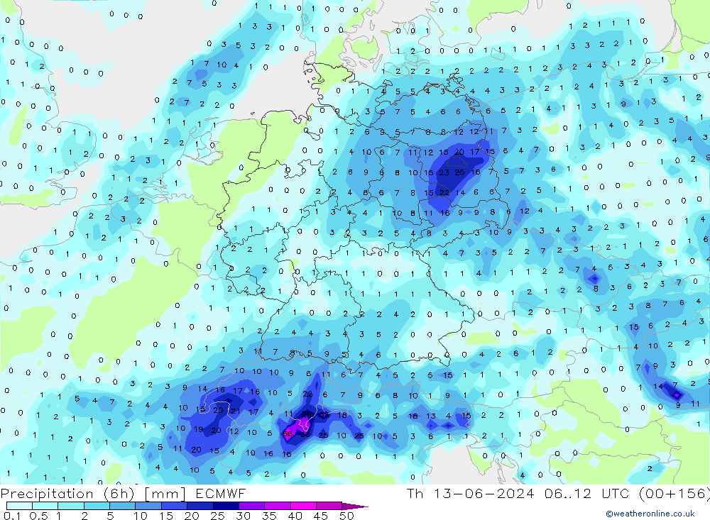 Prec 6h/Wind 10m/950 ECMWF чт 13.06.2024 12 UTC