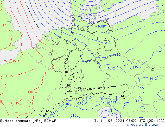 Surface pressure ECMWF Tu 11.06.2024 06 UTC