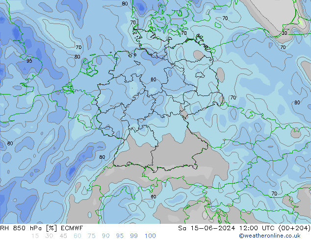 RH 850 hPa ECMWF Sa 15.06.2024 12 UTC