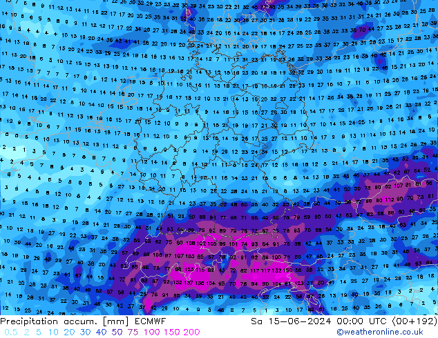 Precipitation accum. ECMWF Sa 15.06.2024 00 UTC