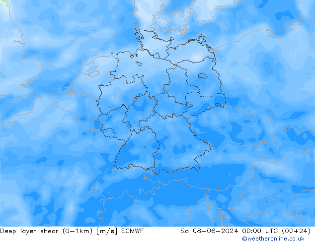 Deep layer shear (0-1km) ECMWF So 08.06.2024 00 UTC