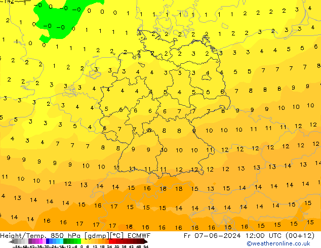 Height/Temp. 850 hPa ECMWF Pá 07.06.2024 12 UTC