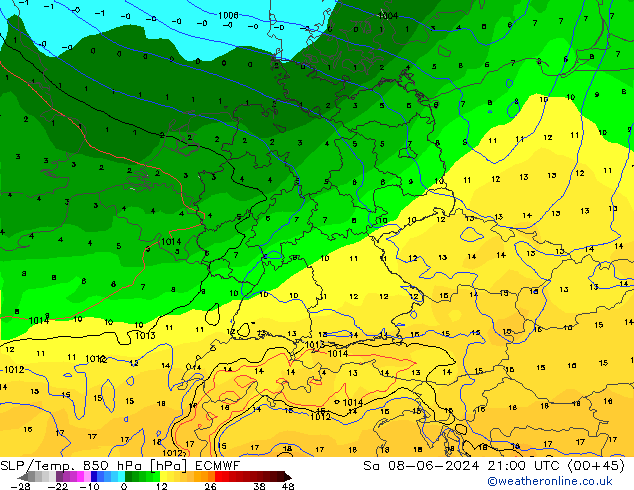 SLP/Temp. 850 гПа ECMWF сб 08.06.2024 21 UTC