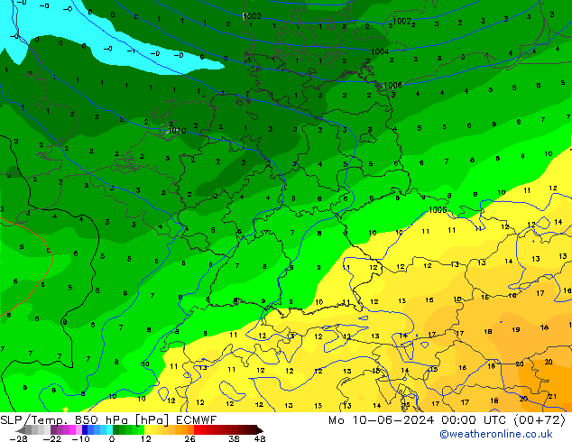 850 hPa Yer Bas./Sıc ECMWF Pzt 10.06.2024 00 UTC