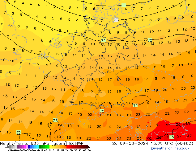 Height/Temp. 925 hPa ECMWF Dom 09.06.2024 15 UTC