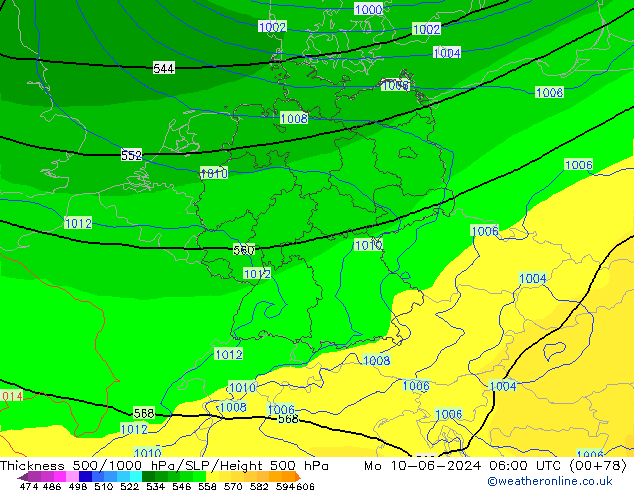 Thck 500-1000hPa ECMWF Mo 10.06.2024 06 UTC