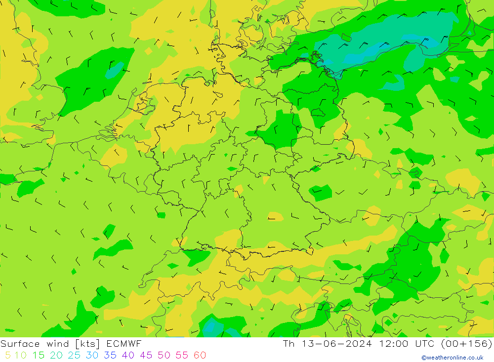 Prec 6h/Wind 10m/950 ECMWF чт 13.06.2024 12 UTC