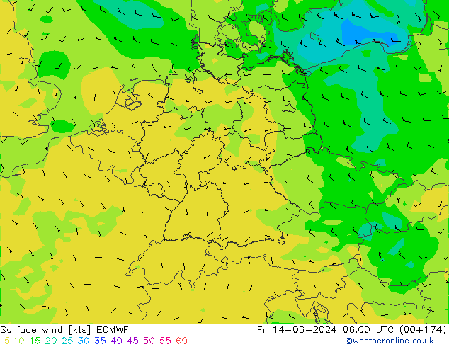 Surface wind ECMWF Pá 14.06.2024 06 UTC