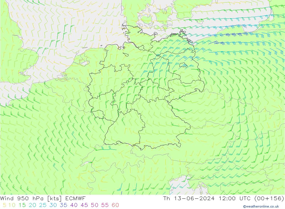 Prec 6h/Wind 10m/950 ECMWF чт 13.06.2024 12 UTC